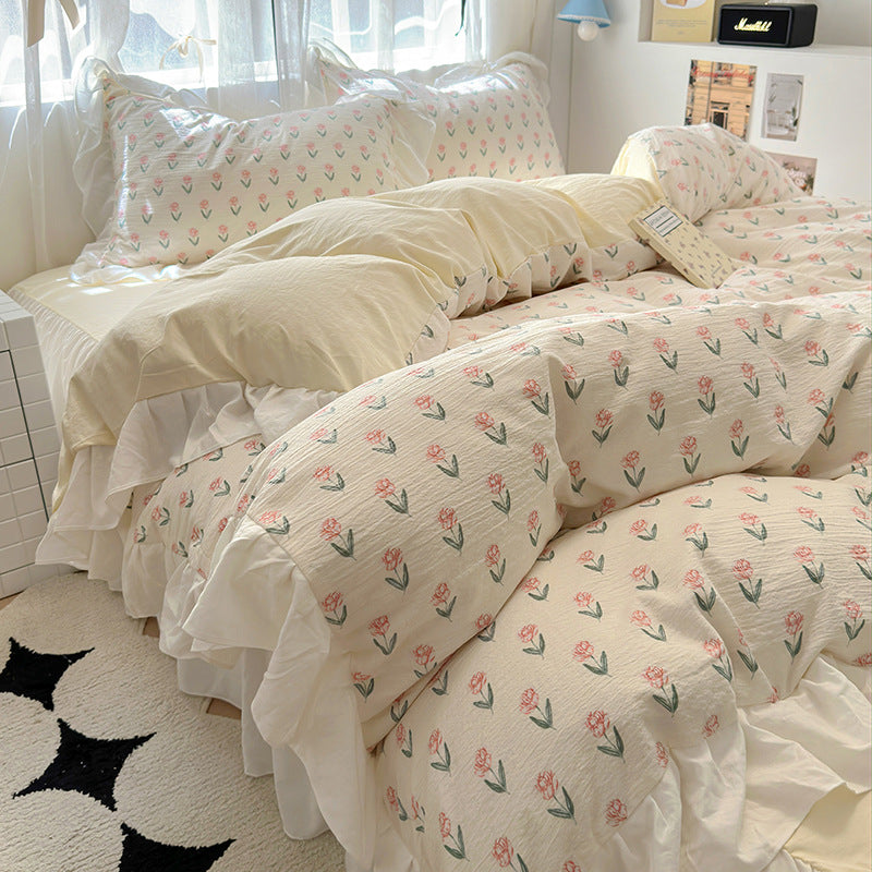 French Romantic Lace Washed Cotton Bed Sheet Set
