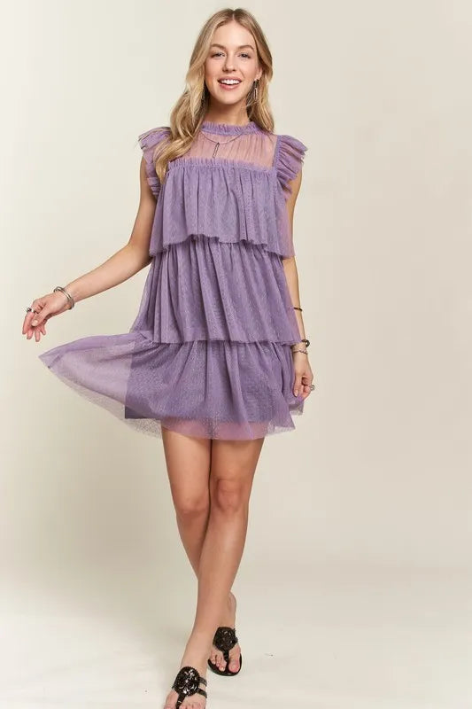 Layered Ruffled Cap Sleeve Mesh Dress for Women