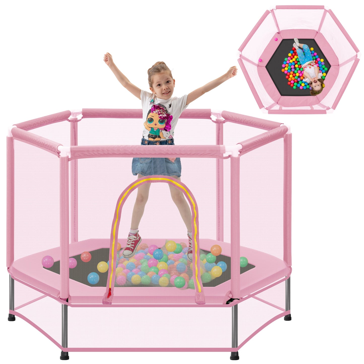 55'' Toddlers Trampoline with Safety Enclosure Net and Balls, Indoor Outdoor Mini Trampoline for Kids - Korvel