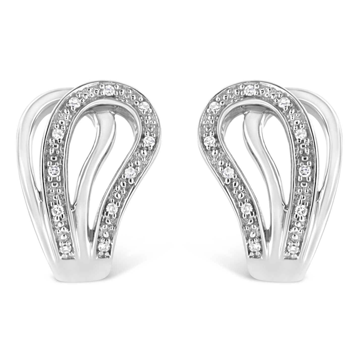 Boucles d'oreilles créoles en argent sterling .925 avec accents de diamants pavés en forme de fer à