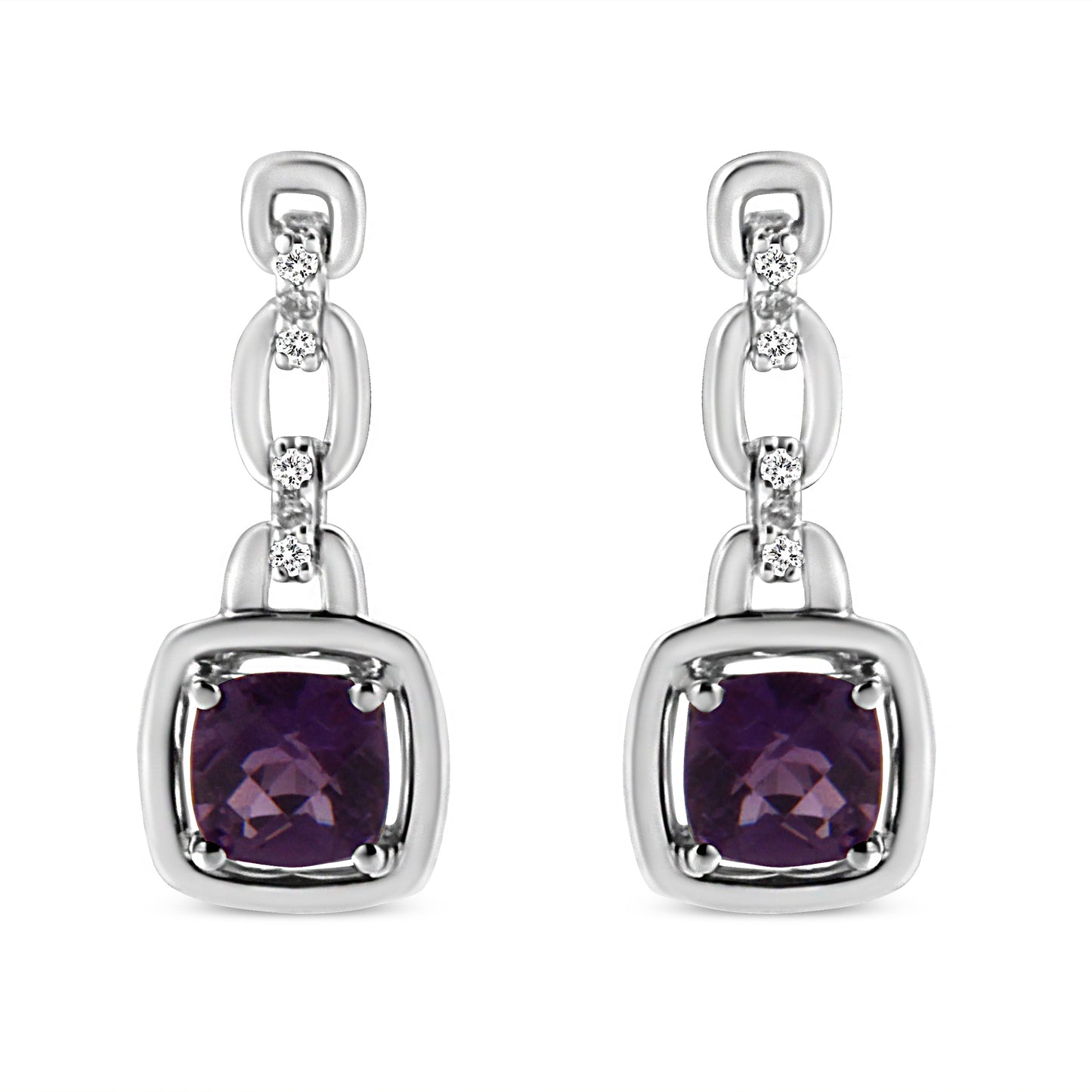 Pendientes de Acero Inoxidable de Plata .925 con Amatista Púrpura y Acentos de Diamante