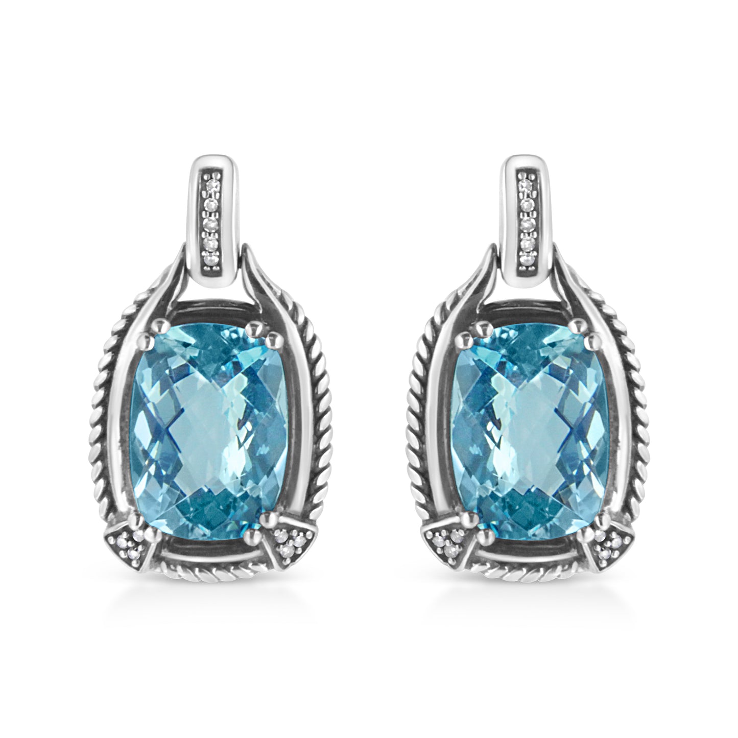 Pendientes Colgantes de Topacio Azul y Diamantes en Plata de Ley .925