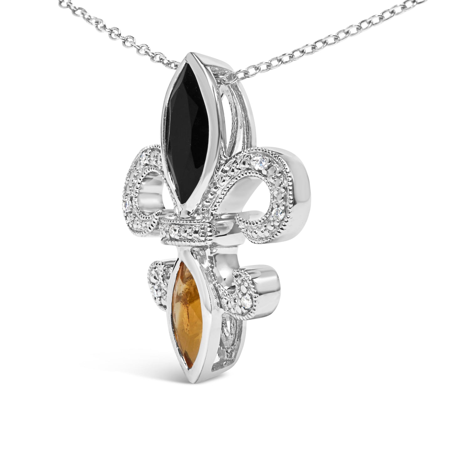 Collier Pendentif Fleur De Lis en Argent Sterling .925 avec Onyx, Citrine et Diamants
