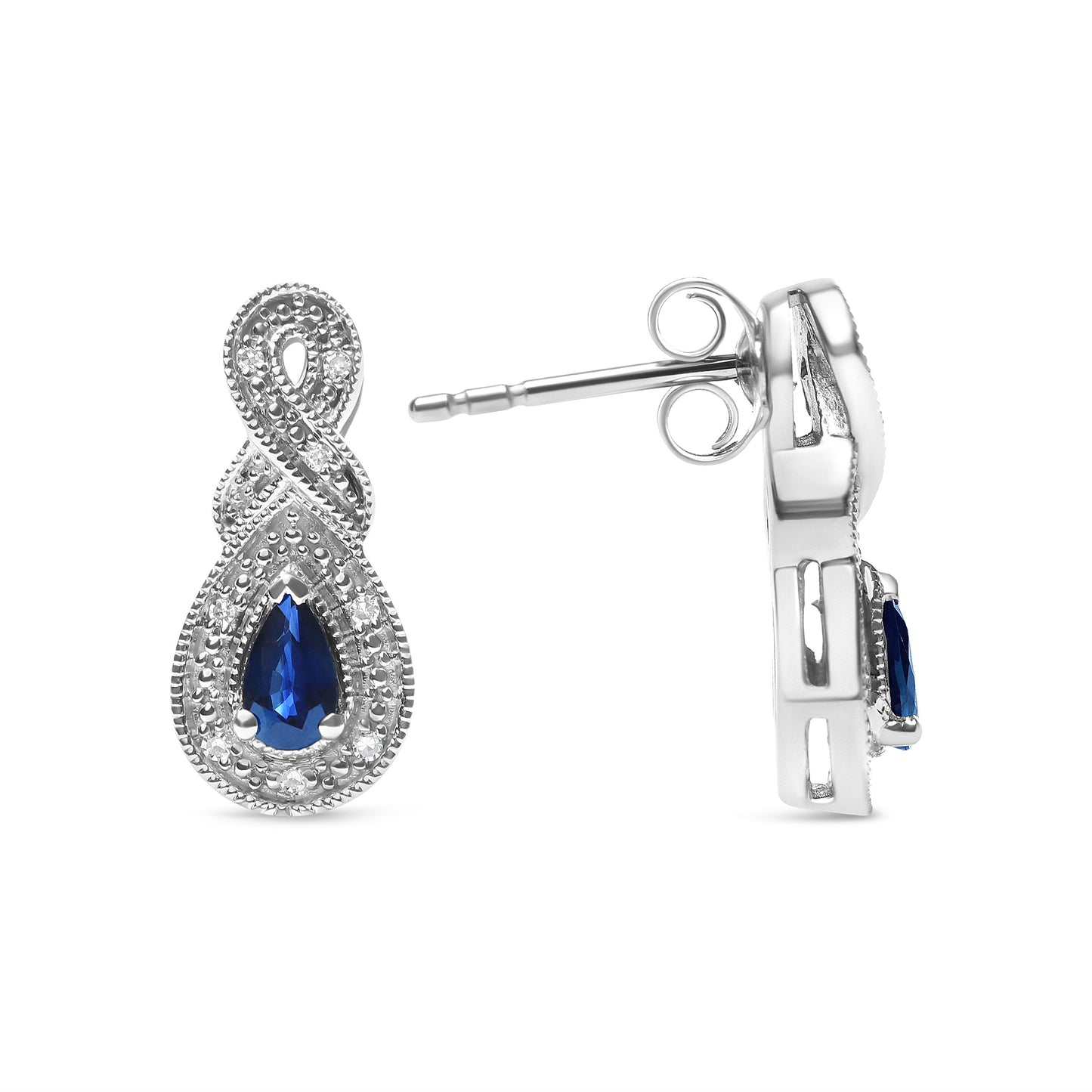 Boucles d'oreilles pendantes en argent sterling .925 avec saphirs poire et accents en diamant