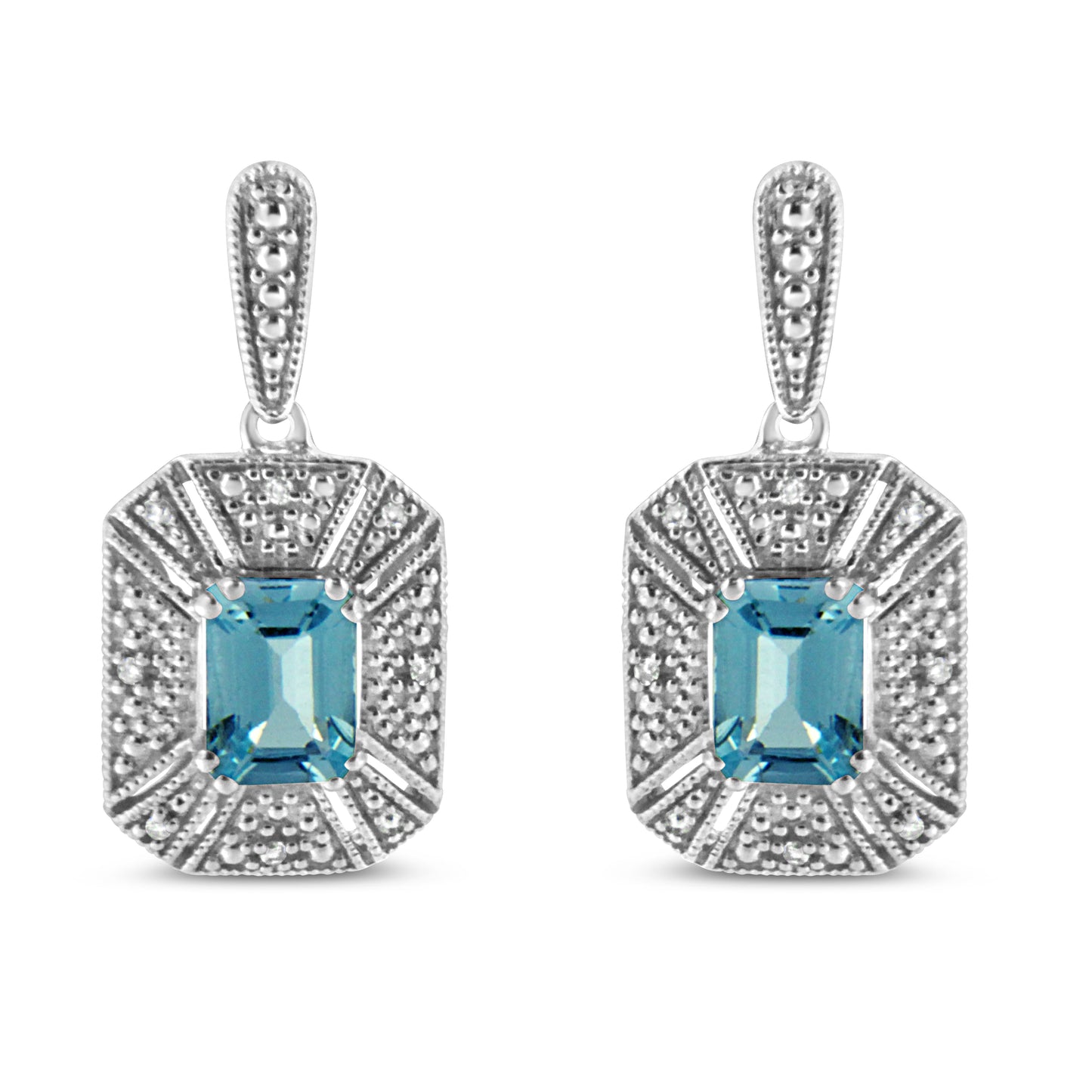 Pendientes de Acero Inoxidable de Forma Esmeralda con Topacio Azul y Acentos de Diamante