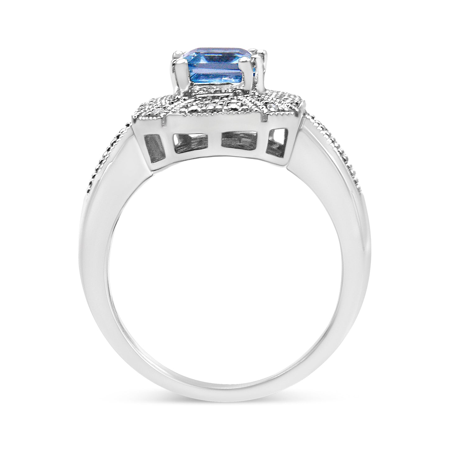Anillo de Acero Inoxidable de Plata .925 con Topacio Azul y Acentos de Diamante - Talla 7