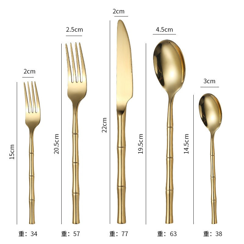 Thickened bamboo 304 stainless steel tableware knife, fork, and spoon set with titanium plated Western steak knife, fork, and spoon - Korvel