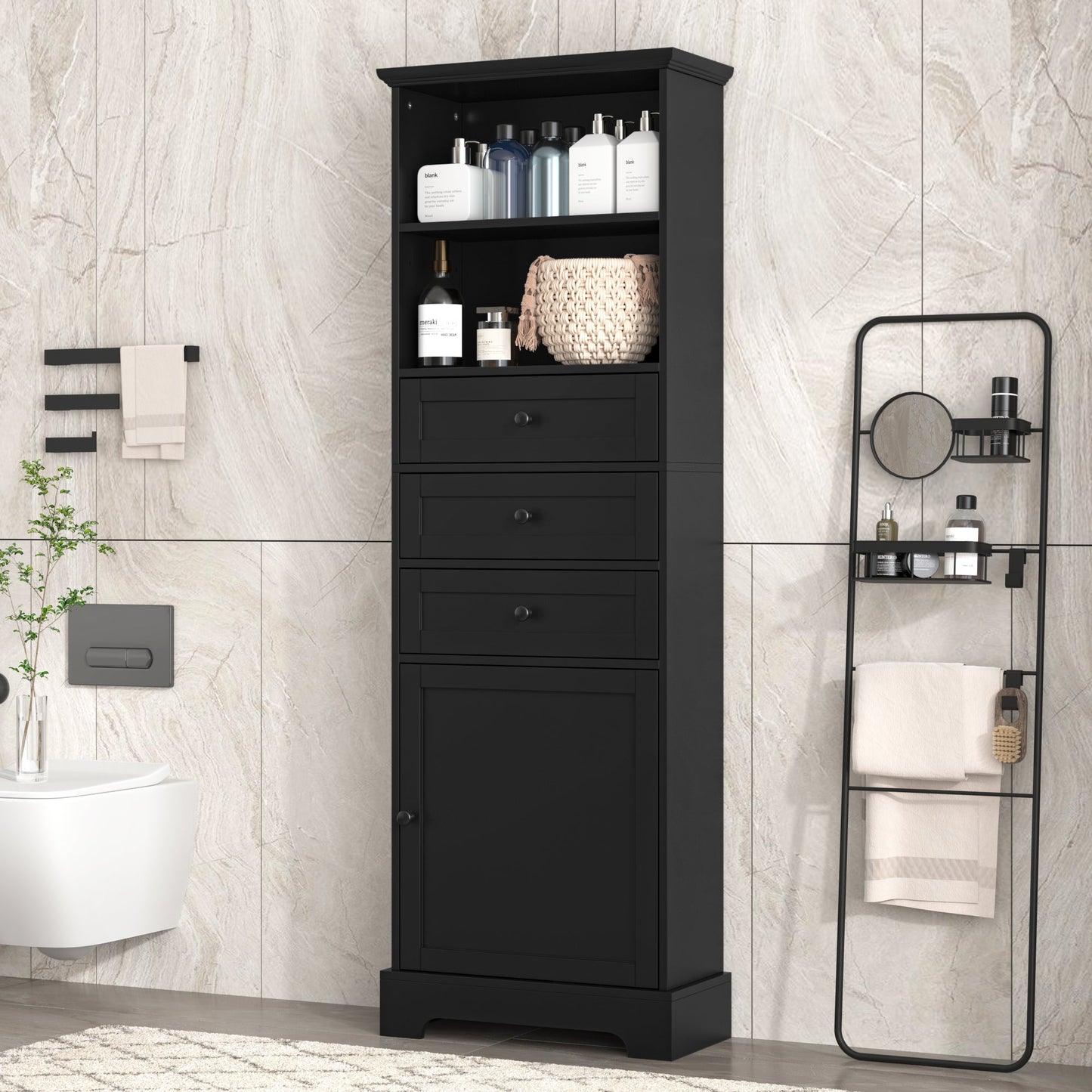 Elegant Black High Storage Cabinet with 3 Drawers