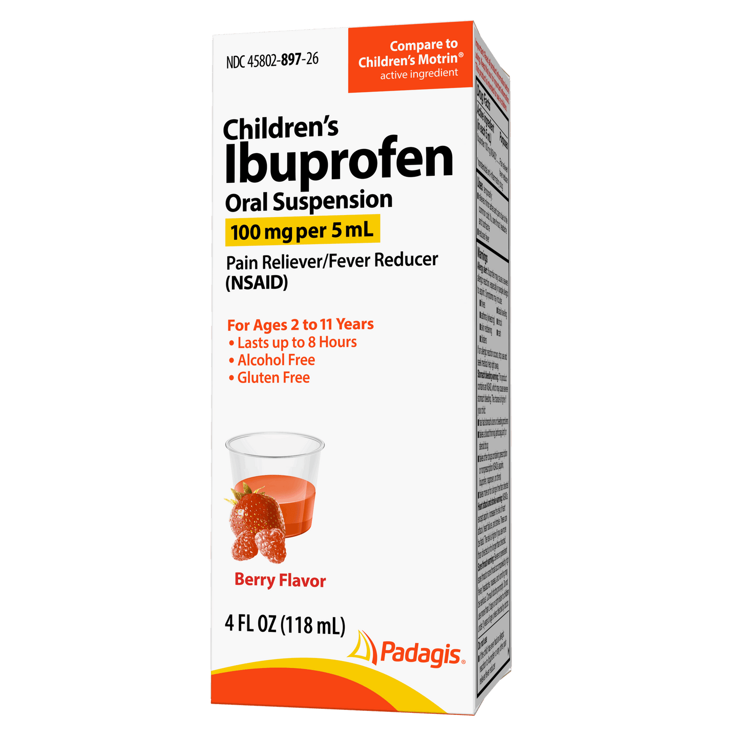 Suspension orale d'ibuprofène pour enfants Padagis, 100 mg/5 mL (50 doses)