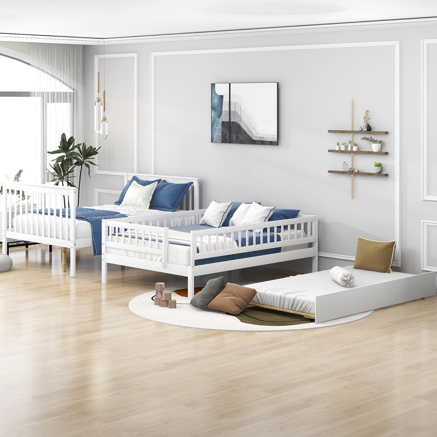 Full over Full Bunk Bed with Trundle and Staircase White - Korvel