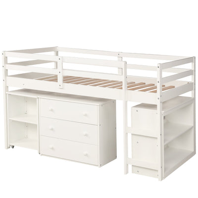 Low Study Twin Loft Bed with Cabinet and Rolling Portable Desk - White (OLD SKU :LP000113AAK) - Korvel