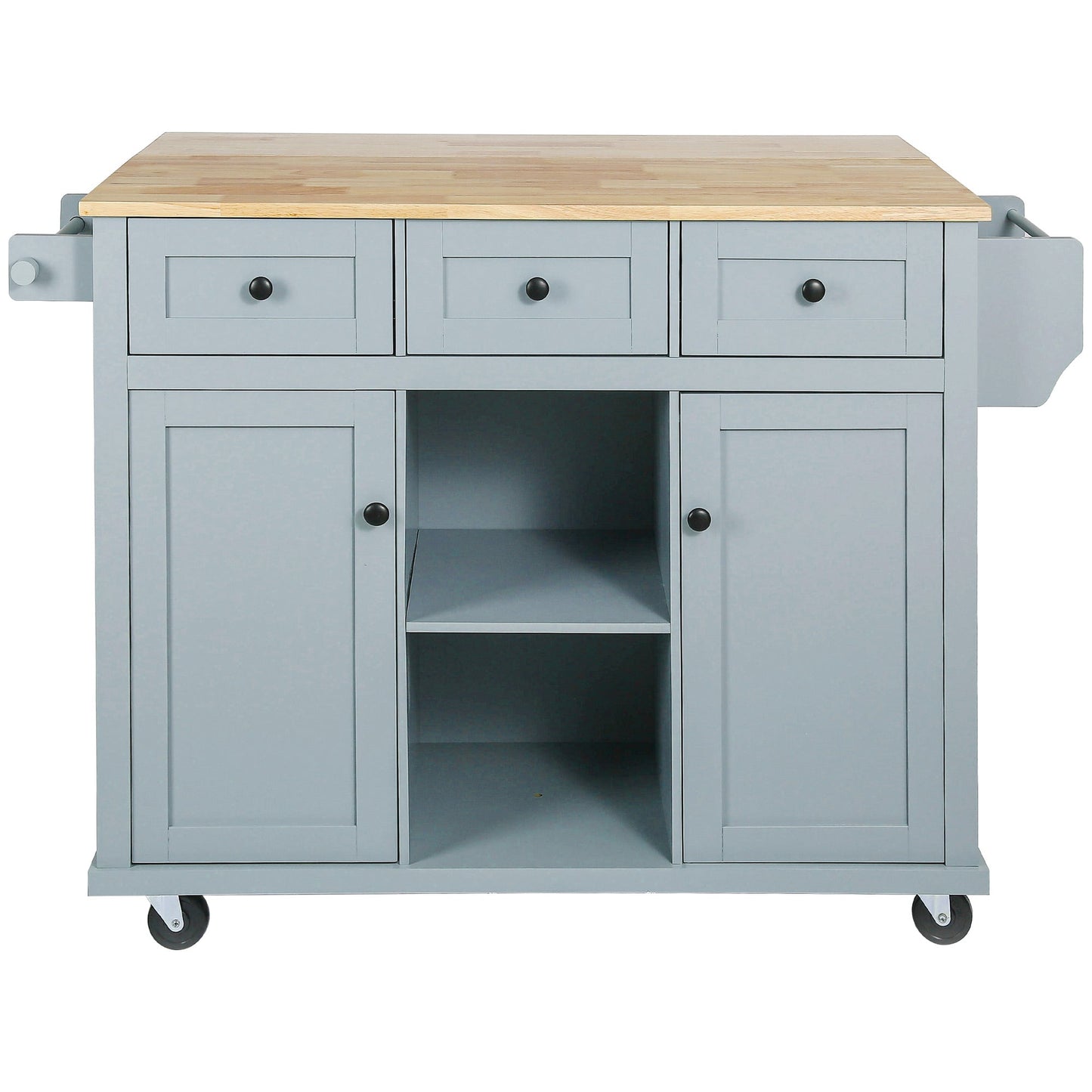 Kitchen handcart with rubber wood leaf countertop, storage cabinet, shelf, and 3 dining room drawers, gray blue - Korvel