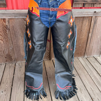 Premium Adult Small Bull Riding Chaps - Blue/Black/Silver