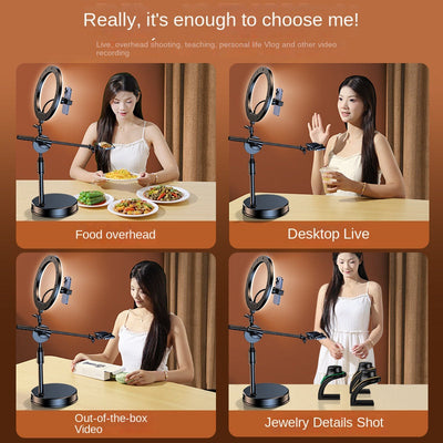 Mobile Phone Overhead Shooting Stand for Food Photography, Drawing, and Live Streaming - Adjustable Dual-Camera Position Desktop Phone Holder with Fill Light - Korvel