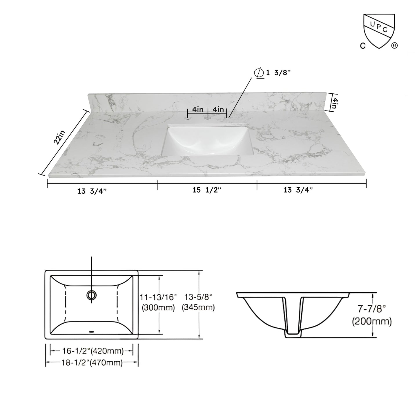 Montary 43x22 Bathroom Vanity Top with Undermount Sink