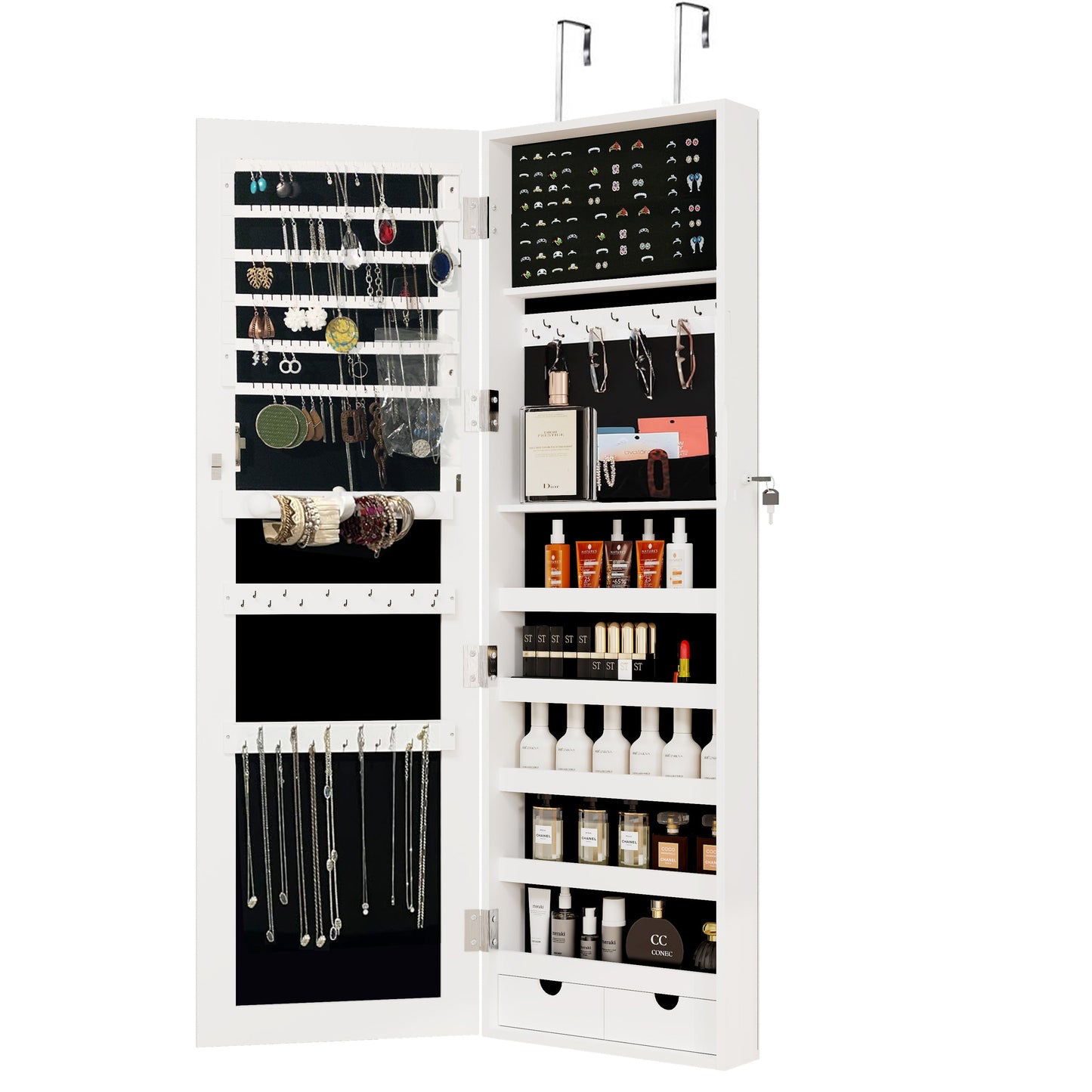 Mirror jewelry cabinet, 47.2-inch large capacity lockable jewelry organizer, wall mounted mirror, with white jewelry storage - Korvel