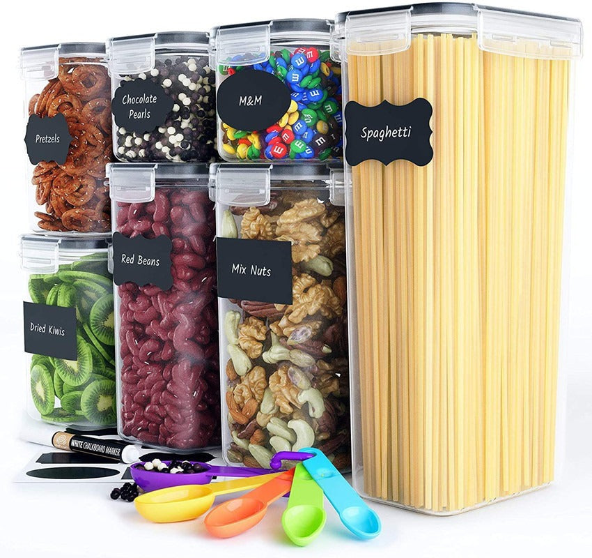 Pack of 7 Food Storage Container Space Saving Plastic Cereal Keeper with Air Tight Lid - Korvel