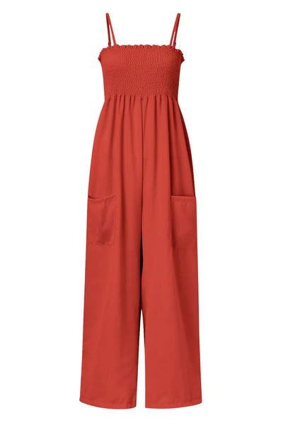Smocked Spaghetti Strap Wide Leg Jumpsuit - Korvel