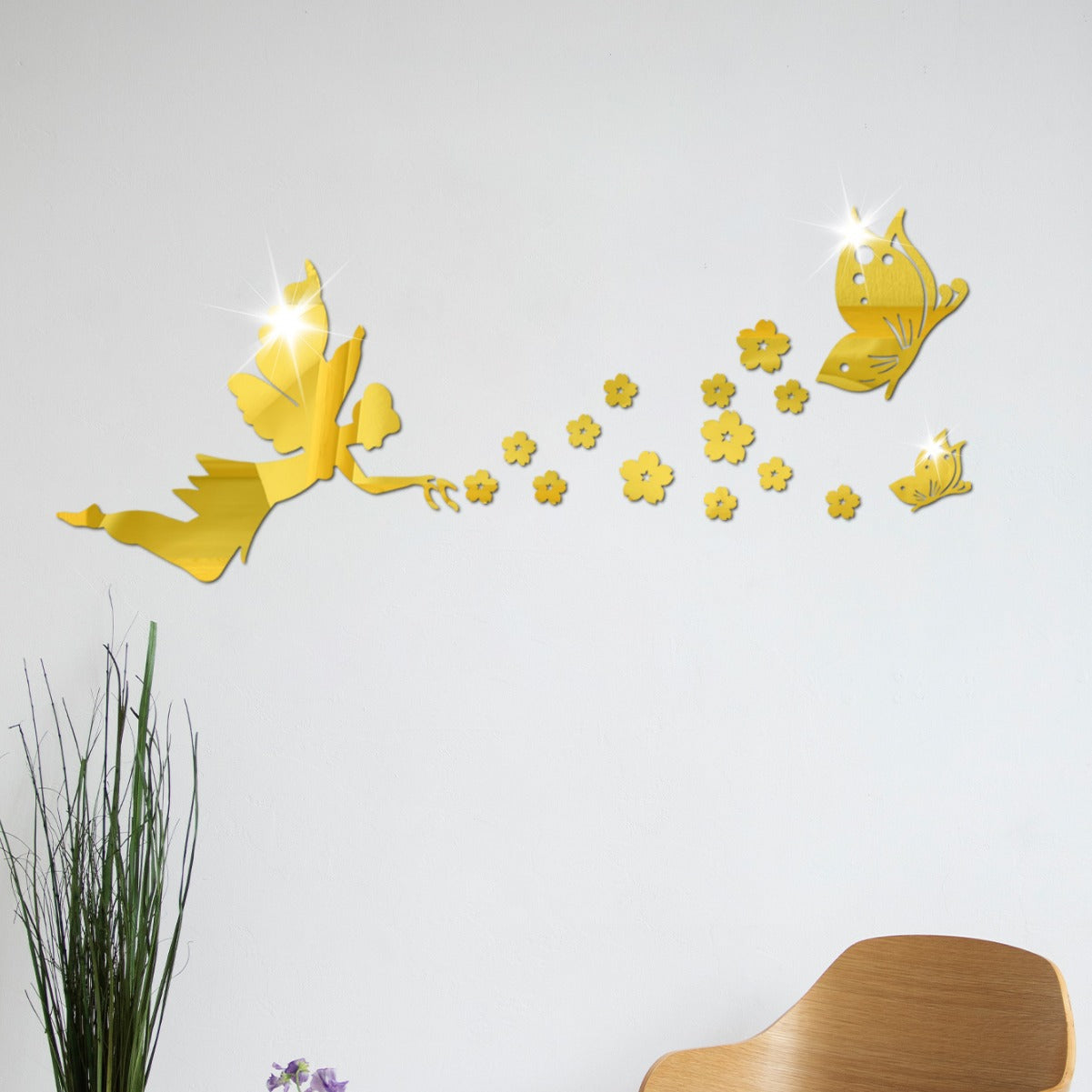 Angelic Flying Mirror Wall Stickers - Butterfly & Flower Designs