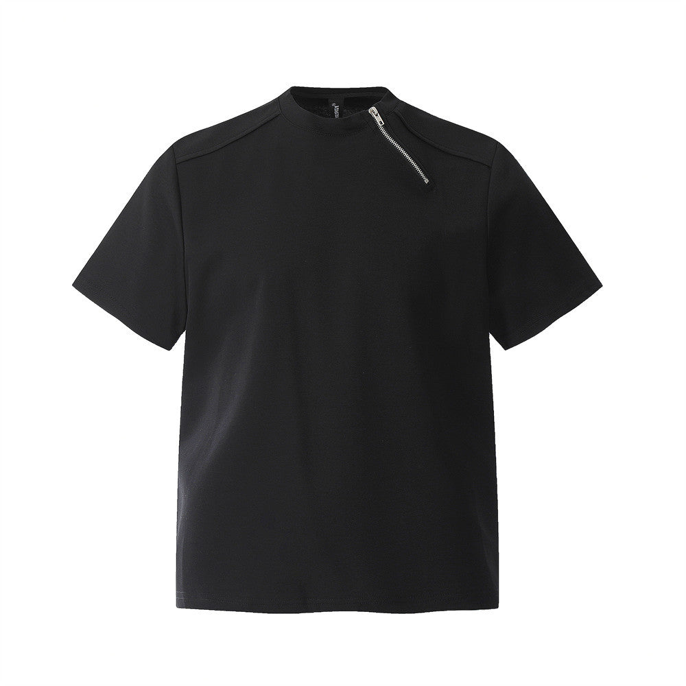 Zipper Design Heavyweight Short Sleeve T-Shirt Men's Loose Round Neck Half Sleeve Tee - Korvel