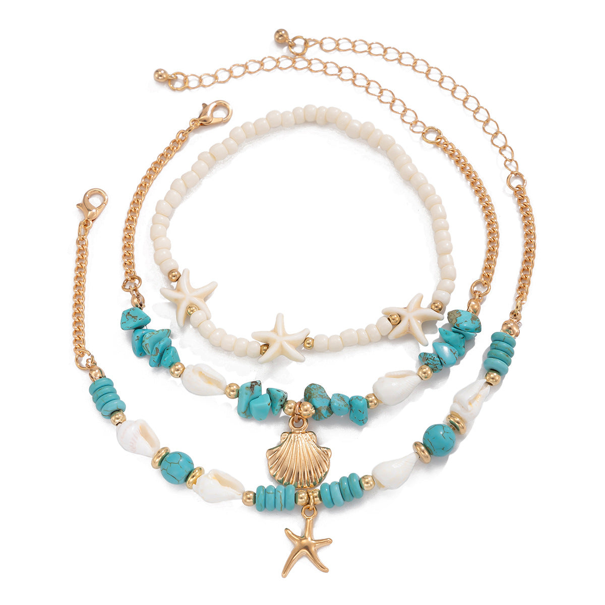 Vacation beach style turquoise set with special dense chain, simple starfish multi-layer rice bead ankle chain - Korvel