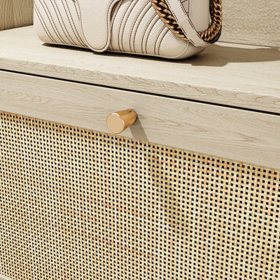 Natural Bohemian style shoe cabinet with 3 rattan flip drawers, 3 square shelves, and 1 storage drawer, Natural - Korvel