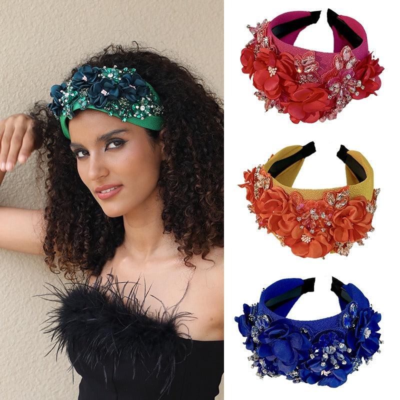 Solid color fabric flower oversized wide edged crystal headband - Korvel