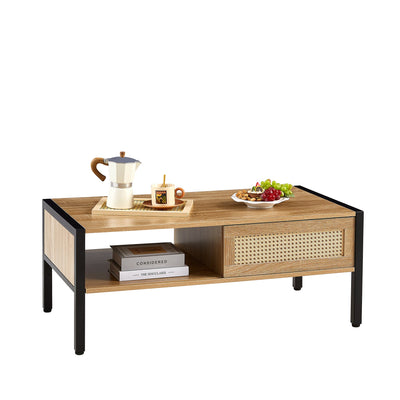 40.16" Rattan Coffee table, sliding door for storage, metal legs, Modern table for living room , natural - Korvel