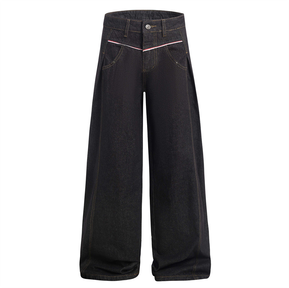 American High Street Design Denim Wide Leg Long Pants Men's Vibe Trendy Side Pleated Loose Casual Trousers - Korvel