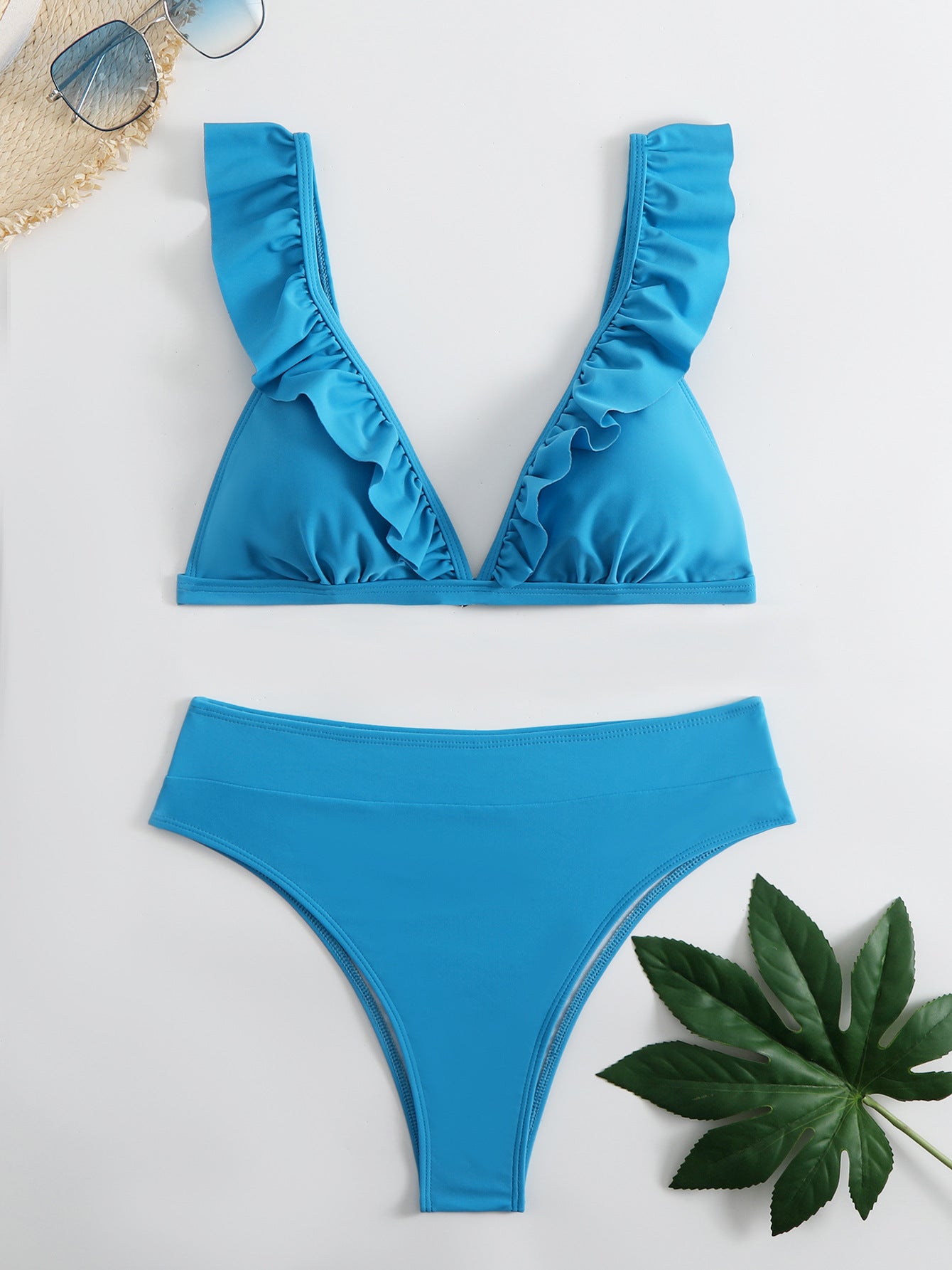 Ensemble de bikini taille haute à volants en V pour femmes