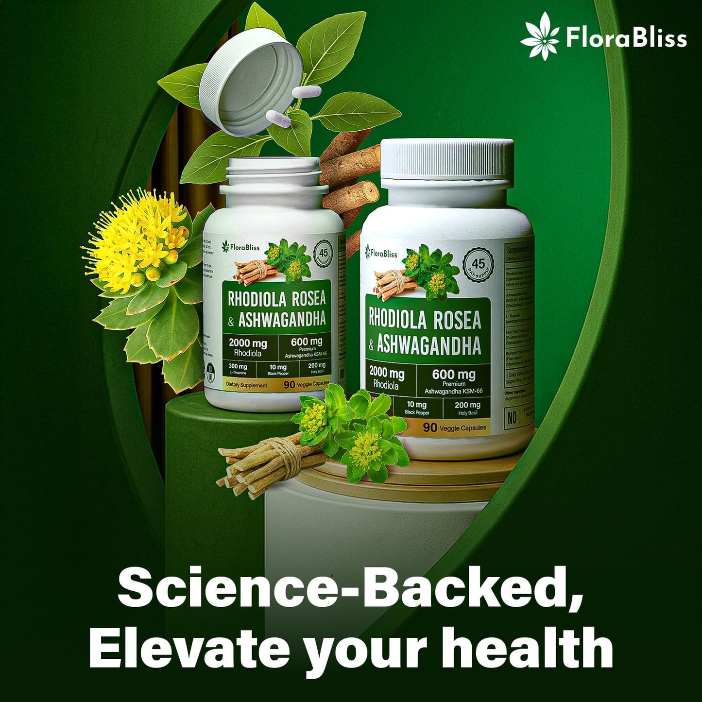 Cápsulas Veganas Premium de Rhodiola Rosea y Ashwagandha - 2000mg