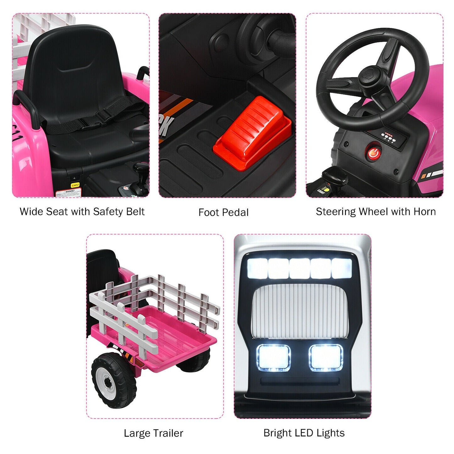 12V Pink Ride-On Tractor with Ground Loader for Kids 3+ Years