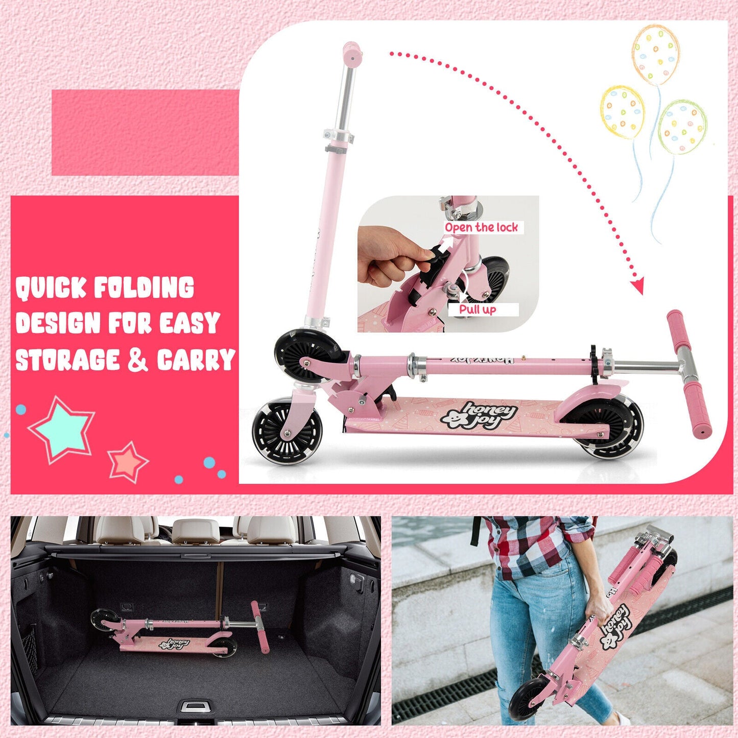 Folding Kick Scooter with Adjustable Heights for Kids - Pink