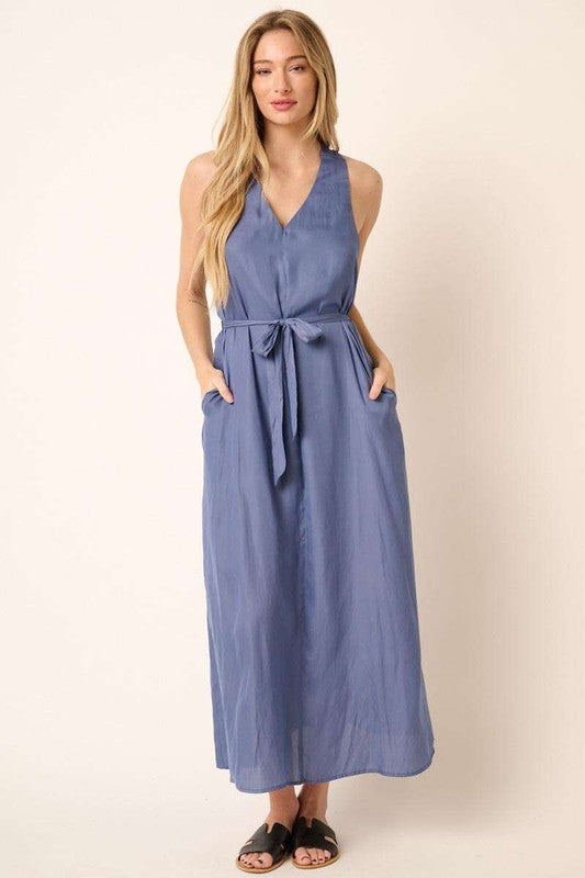 Robe maxi chic à dos croisé et ceinture pour femmes