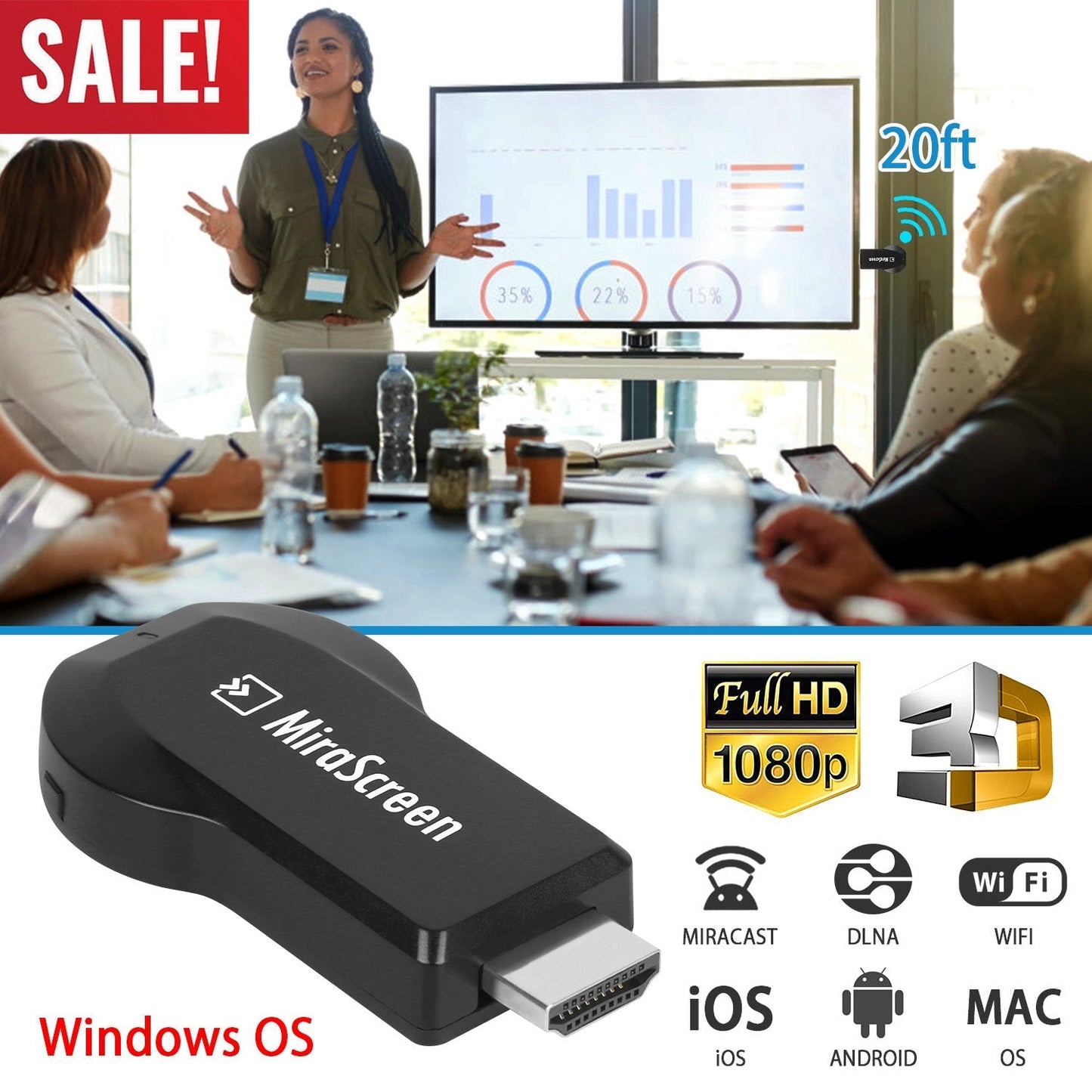 Adaptateur d'affichage sans fil 1080P pour un streaming sans effort