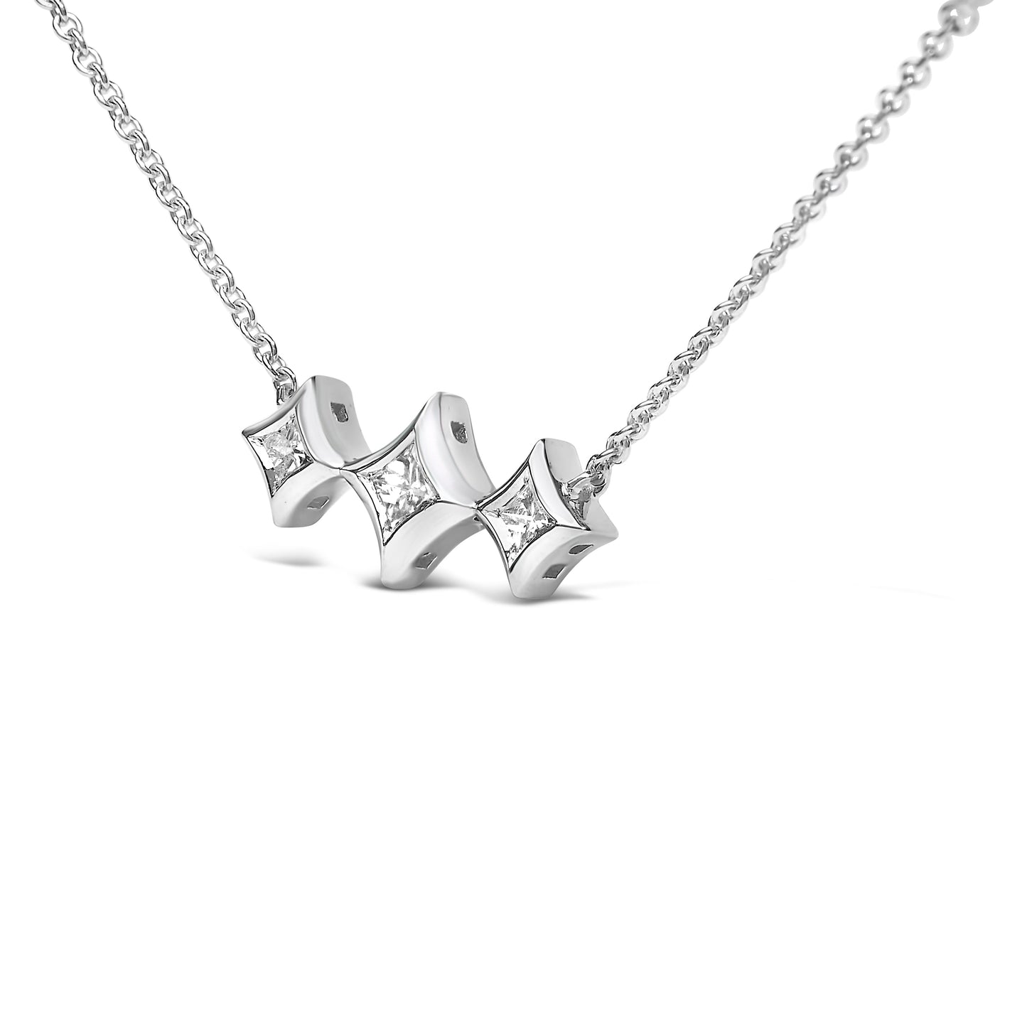 10K White Gold Princess Diamond 3 Stone Kite Necklace - 18 Inches