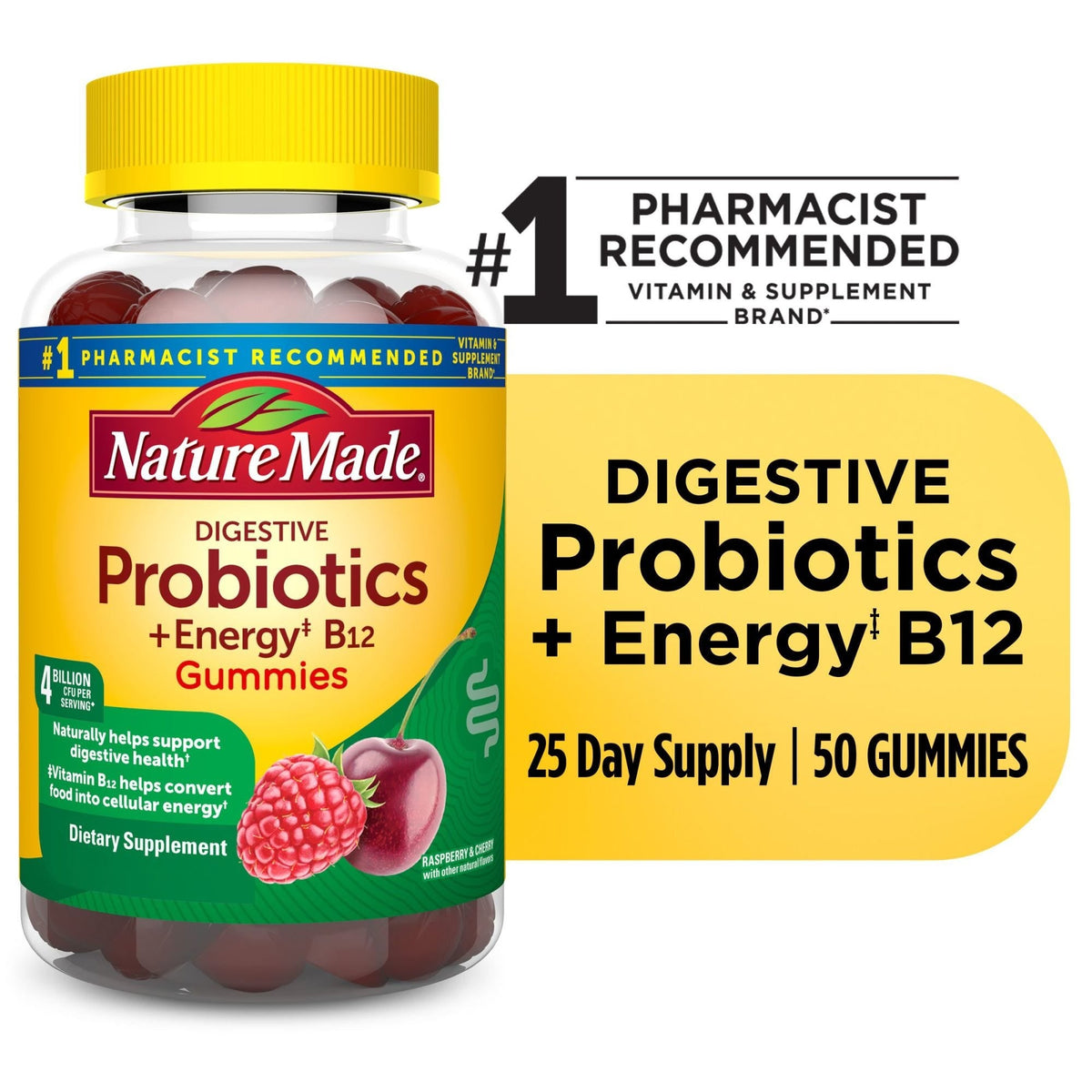 Nature Made Probiotiques + Énergie B12 Gummy Framboise Cerise 50Ea