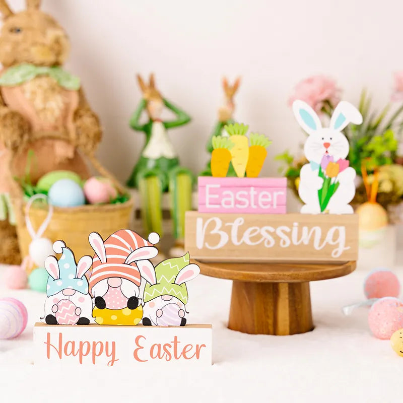 Easter Rabbit Flower Hugging Wooden Ornament