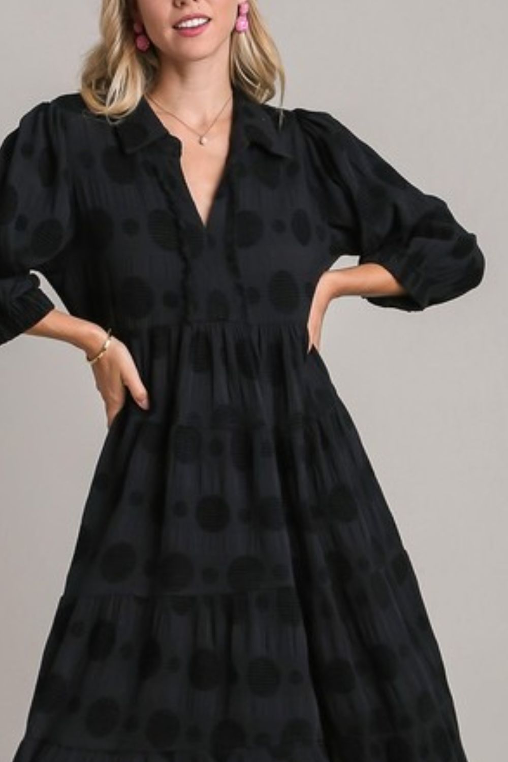 Elegant Plus Size Black Midi Dress with Dotted Texture for Women - Korvel