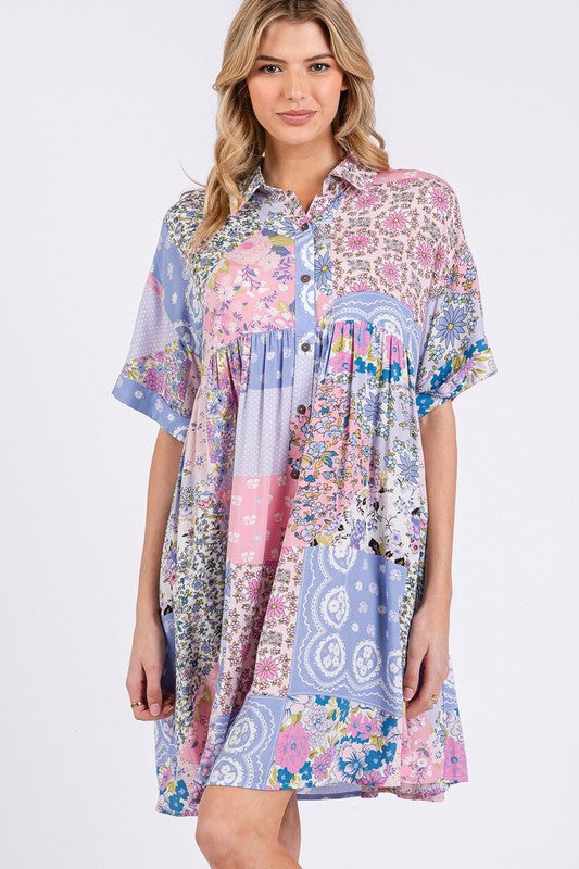 Pink Floral Collared Neck Half Sleeve Mini Shirt Dress