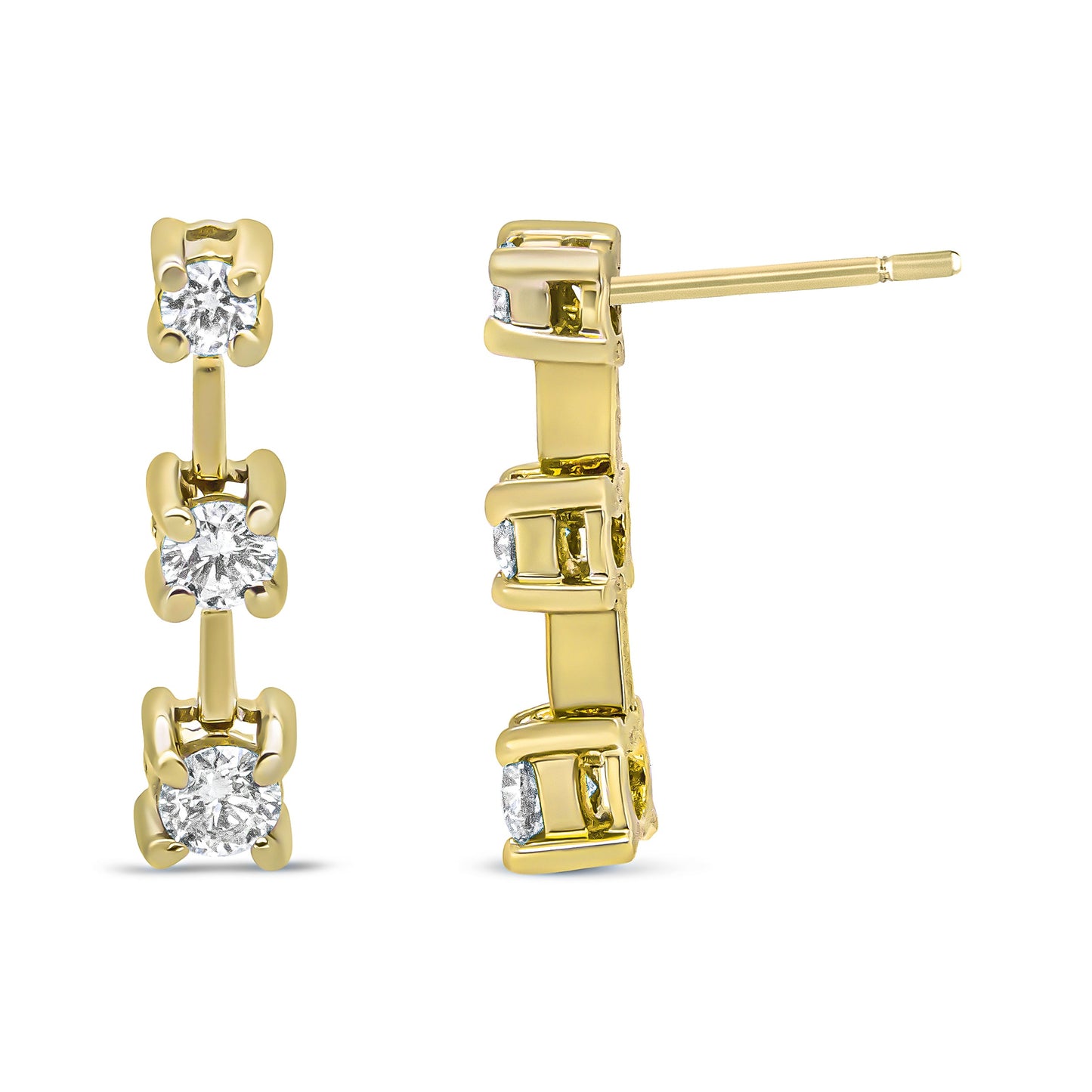 Boucles d'oreilles pendantes en or jaune 14K avec 1/2 cttw de diamants ronds à 3 pierres