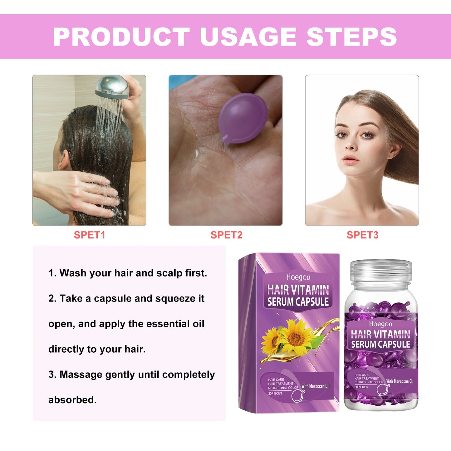 Cápsulas Esenciales de Aceite para el Cuidado del Cabello Púrpura