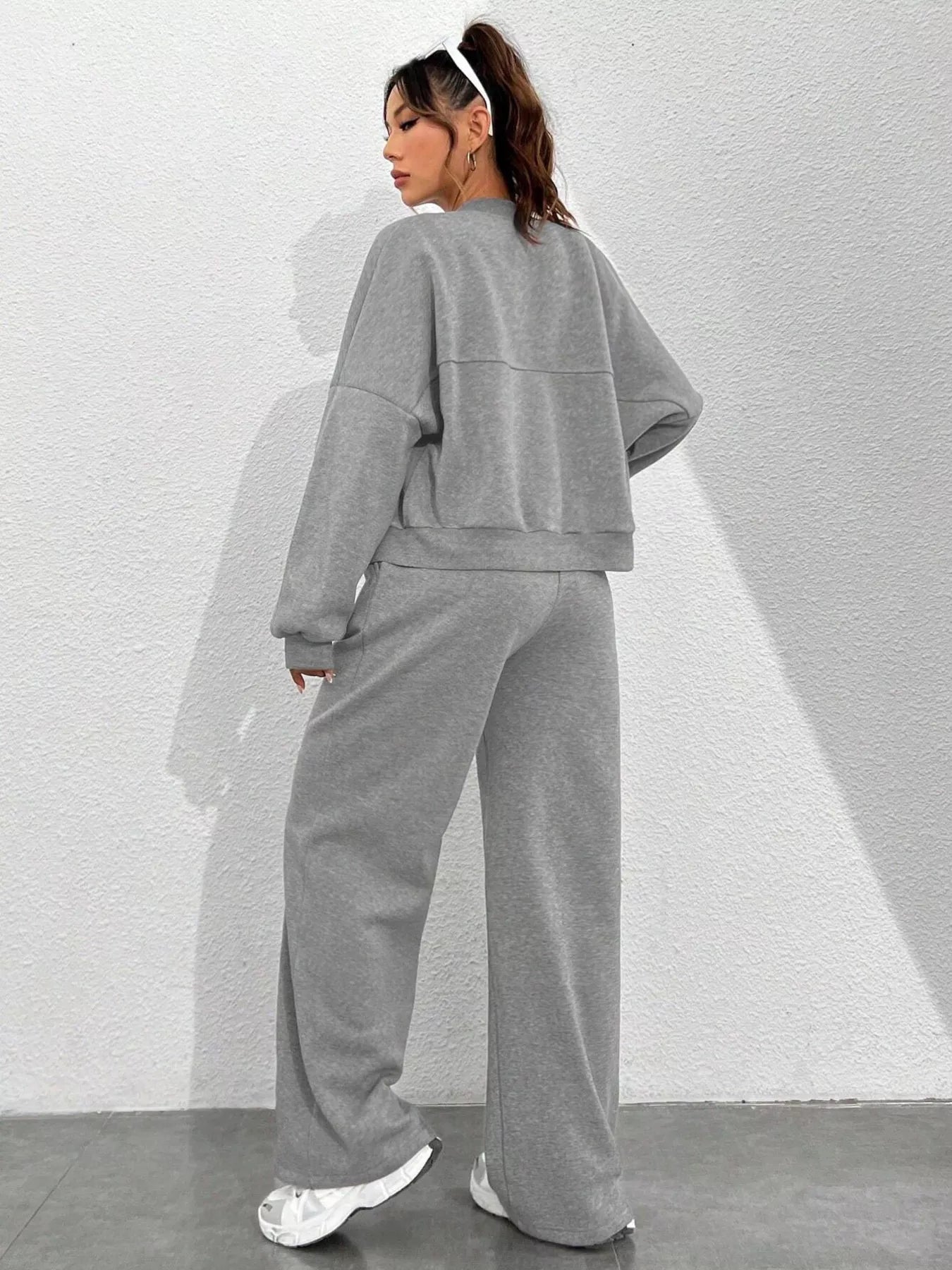 Ensemble de Veste Zippée en Couleur Unie et Pantalons à Jambes Larges