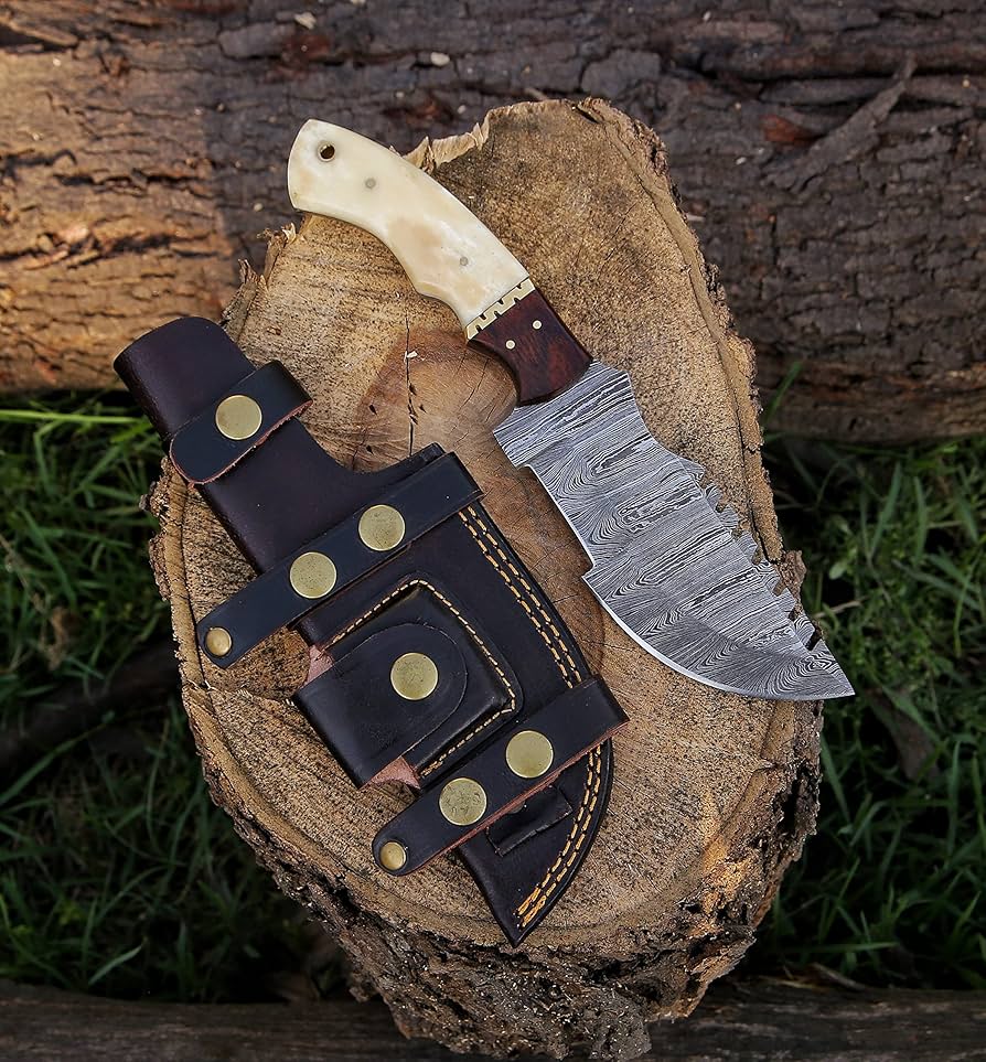 Custom Handmade Damascus Tracker Knife with Bone & Rosewood Handle - Korvel