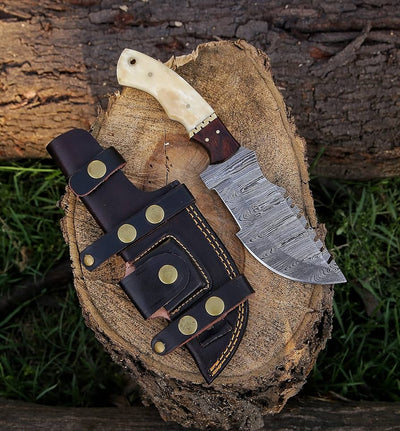Custom Handmade Damascus Tracker Knife with Bone & Rosewood Handle - Korvel