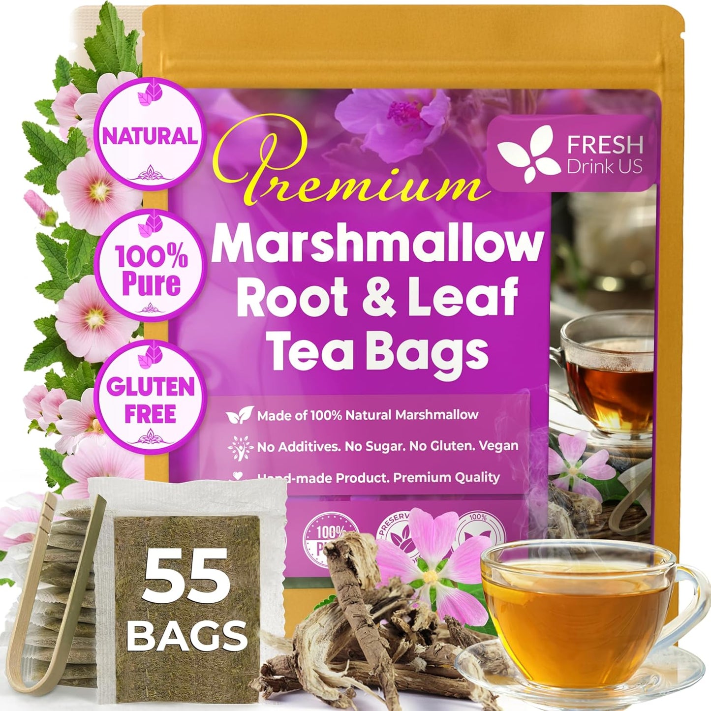Bolsitas de té de raíz y hojas de malvavisco de primera calidad, 100 % naturales y puros.