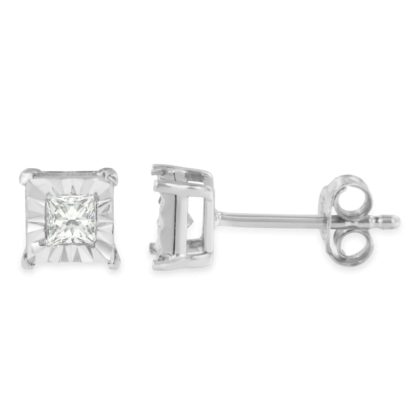 Pendientes de Stud Solitario de Diamante Cortado Princesa de Plata Esterlina .925