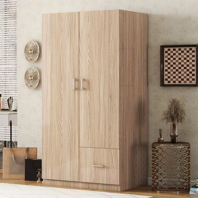 Wooden Wardrobe with Double Doors, Armoire with Hanging Rod, 5 Fixed Shelves, One Storage Drawer,Natural - Korvel