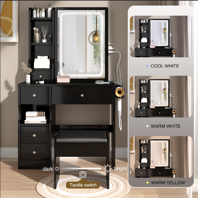 Left drawer desktop vanity+cushioned stool, 2 AC+2 USB power stations, touch sliding LED mirror, tri color switch - Korvel