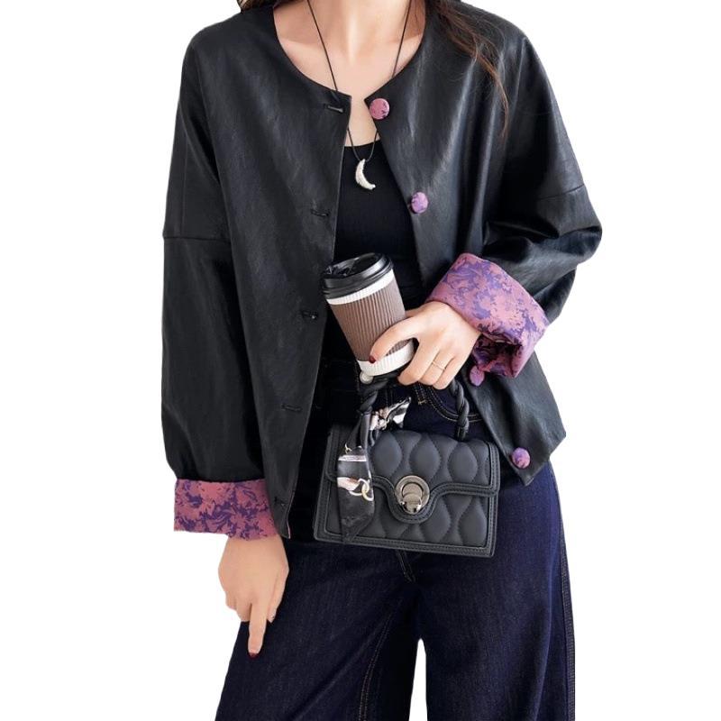 Chaqueta de Cuero con Parches Jacquard de Estilo Chino Retro
